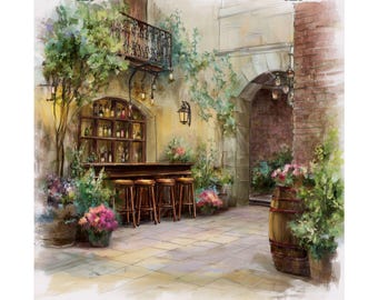 Bistro Art Print: Quaint Courtyard, Wine Bar Scene