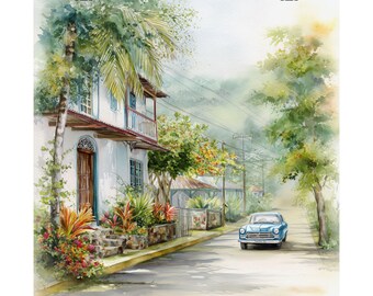 Boquete Panama Watercolor Print: Vintage Car, Tropical Palm Trees Art, Travel Poster