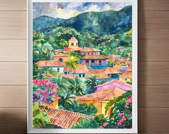 Guatemala Art Print, Antigua Poster, Guatemala Countryside Watercolor Painting, Central American Wall Art, Guatemala Travel Art, Download
