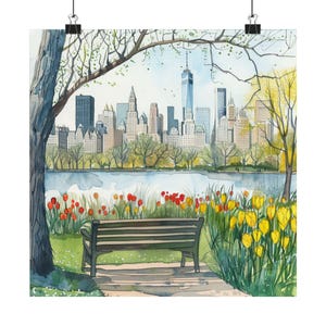 New York Art, Central Park Watercolor Painting, Spring Cityscape Wall Art, Travel Poster, NYC Skyline, USA City Travel Art, Travel Gift