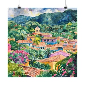 Guatemala Art Print, Antigua Poster, Colorful Guatemala Hillside Homes Watercolor Painting, Central American Wall Art, Guatemala Travel Art