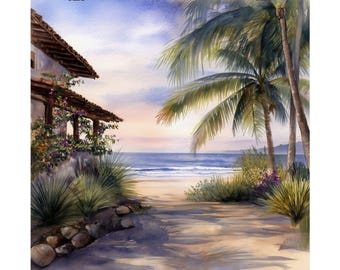 メキシコ、トロンコネスの海景を描いた水彩画：ビーチ旅行ポスター