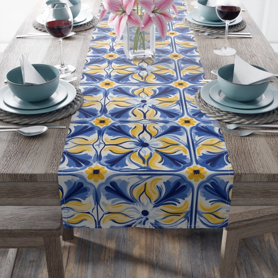 Italian Majolica Table Runner, Blue & Yellow Tile Design
