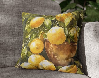 May include: A watercolor painting of a bowl filled with lemons and a lemon tree branch with leaves. The lemons are yellow and the bowl is brown.