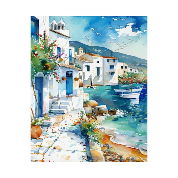 ギリシャの海景水彩画、ギリシャの島々の壁画、エーゲ海のアートワーク
