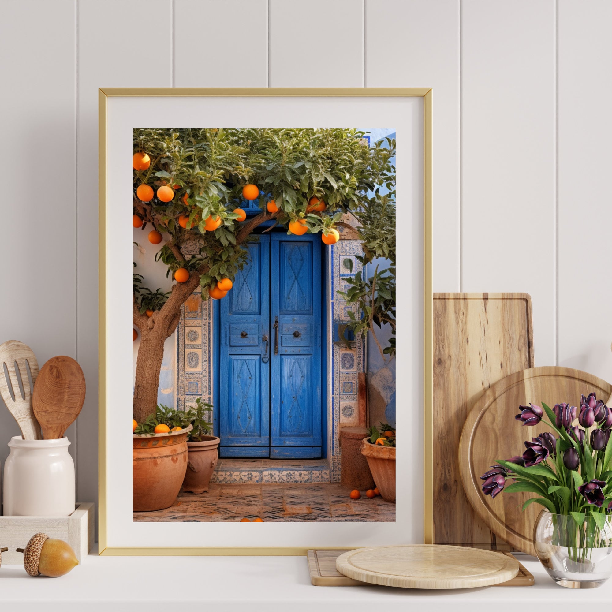 Mediterranean Orange Tree Wall Art, Rustic Blue Door Mosaic and
