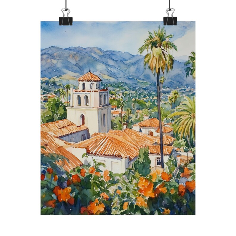 Santa Barbara Art, California Watercolor Painting, California Wall Art Print, Western US Landscape Art, Travel Poster, USA Travel Gift