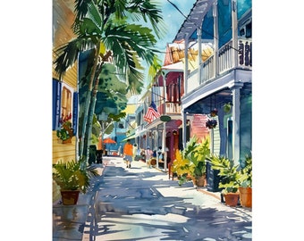 Key West Art Streetscape Painting, Florida Keys Wall Art, Florida Art Print, Travel Art, Beach Print, Key West Cityscape Watercolor Print