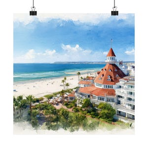 Coronado Island Art, Hotel del Coronado, San Diego Watercolor Painting, California Travel Poster, Seascape, USA Travel Gift