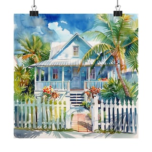 Key West Cottage Art Print, Florida Keys Watercolor Painting, Tropical Beach House Wall Art, Island Print, Travel Art, Travel Gift