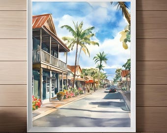 Stampa ad acquerello di Lahaina Maui: arte tropicale hawaiana (download digitale)