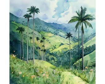 Pintura em aquarela do Vale do Cocora, presente de viagem para a Colômbia, arte de paisagem verdejante, palmeiras, América do Sul, pôster de viagem, presente de viagem