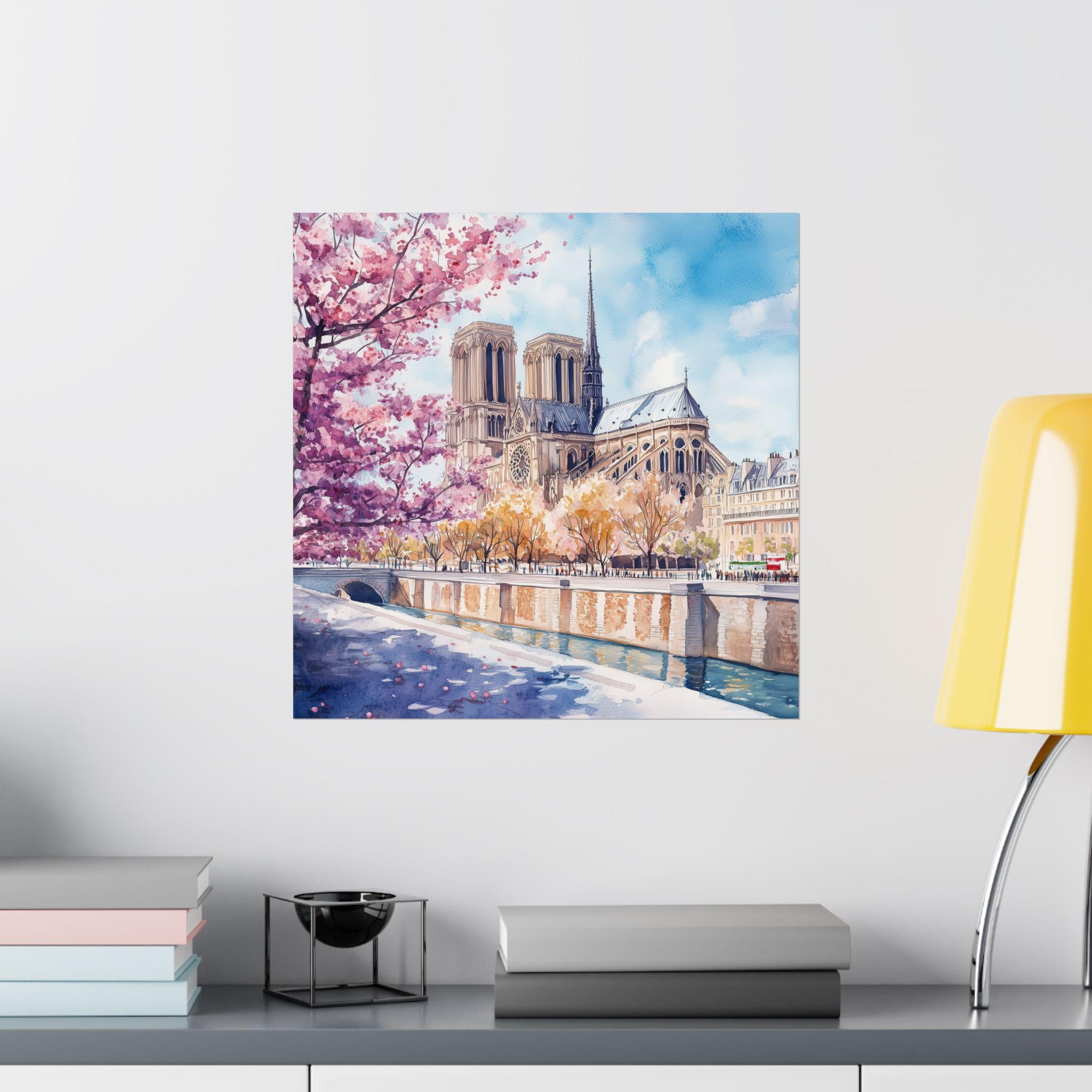 Paris Watercolor Print: Notre Dame, Seine River, Cherry Blossoms