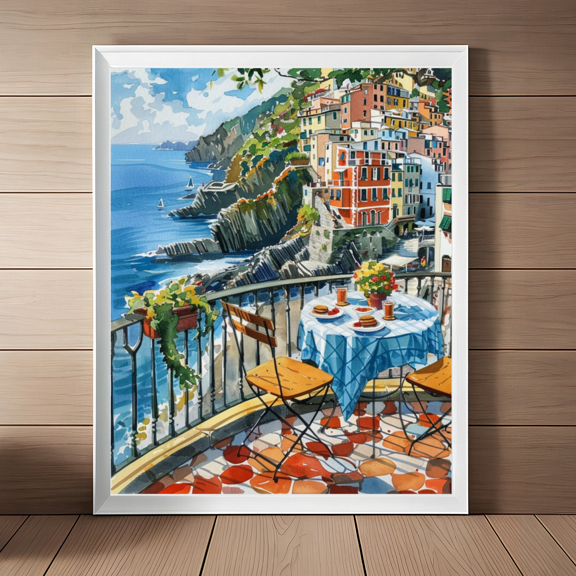Cinque Terre Painting Mediterranean Watercolor Art Print Italy Coastal ...