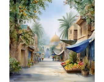 Impresión de acuarela de la ciudad de Bagdad, Irak: arte de viajes por Oriente Medio
