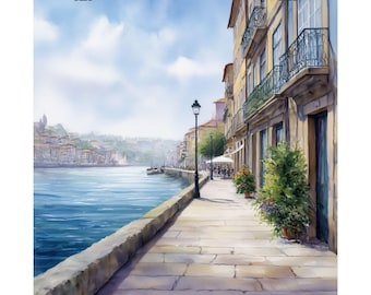 Porto Aquarell Kunstdruck: Portugal Straßenbild Reise Poster Geschenk