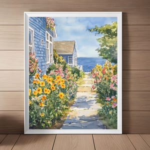 Art de Cape Cod, aquarelle côtière du Massachusetts, impression du nord-est des États-Unis, chalets en bord de mer, affiche de voyage, cadeau de voyage aux États-Unis, téléchargement