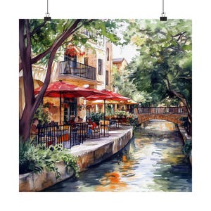 San Antonio Riverwalk Watercolor Painting, Texas Wall Art, San Antonio Gift, Texas Art Print, US Travel Poster, Travel Gift