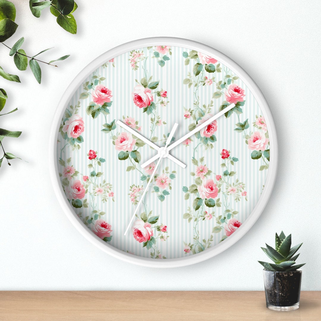 Floral Clock, Shabby Chic Roses Wall Clock, Kitchen Wall Clock, Roses ...