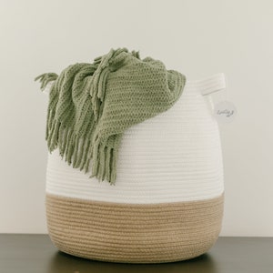 Cotton Rope Basket - Large Woven Storage Basket for Laundry, Decorative Baby Organizer, White Housewarming Home Decor Gift