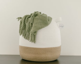 Cotton Rope Basket - Large Woven Storage Basket for Laundry, Decorative Baby Organizer, White Housewarming Home Decor Gift