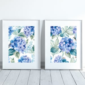 Conjunto de 2 estampas de hortênsias, arte de parede com hortênsias em aquarela, decoração floral azul e branca de verão, decoração de banheiro com hortênsias azuis e decoração de cozinha