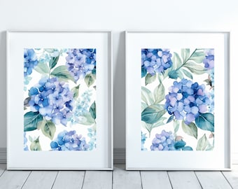 Hydrangea Set of 2 Prints, Watercolor Hydrangeas Wall Art, Summer Blue White Floral Decor Bathroom Flower Decor Blue Hydrangea Kitchen Decor