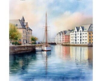 Alesund Norway Watercolor Print: Scandinavian Travel Poster, Art Gift