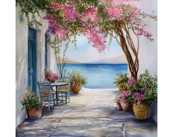May include: A watercolor painting of a white building with a blue door and a patio with a table and chairs. The patio is covered in pink flowers and overlooks a blue ocean.