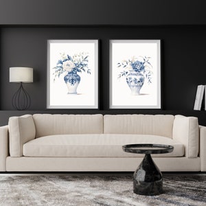 Chinoiserie Vase Set of 2 Art Prints, Blue White China Flowers Peony ...
