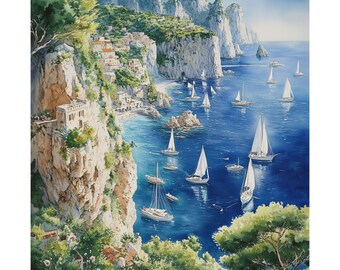 Capri Italy Watercolor Painting: Mediterranean Seascape Art Poster Gift