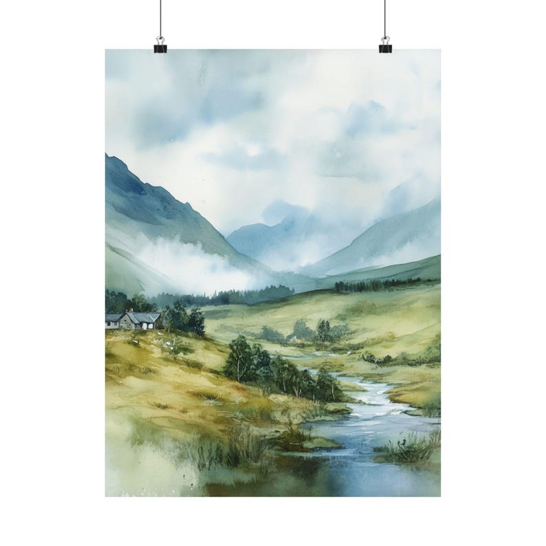 Schottland Wandbild, Scottish Highlands, Aquarell Landschaft, Misty Mountains, UK Reise Geschenk, Europa Kunst Bild 8
