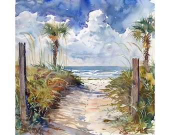 Impresión artística en acuarela de la playa de San Agustín, pintura del norte de Florida, impresión de paisaje marino costero de EE. UU., póster de viaje tropical, decoración de pared para casa de playa