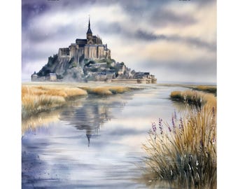 モンサンミッシェル フランス 水彩画のオリジナルアートプリント