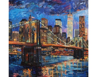 マンハッタンの都市景観の絵画アートプリント、油絵のニューヨークの