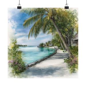 Maldives Print, Turquoise Water, Tropical Watercolor Painting, Palm Trees Art Print, Travel Poster, Maldive Islands Travel Gift