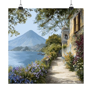 Lake Atitlan Guatemala Watercolor Painting, San Juan La Laguna Artwork, Volcano Print, Guatemalan Travel Poster, Latin America Travel Gift