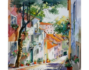 May include: Watercolor painting of a narrow, cobblestone street in a European city. The street is lined with colorful buildings, some with balconies and potted plants. A large tree shades the street, and the sun shines brightly on the scene.