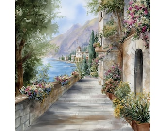 May include: Watercolor print of a scenic Italian coastal path. The image features a stone walkway with a low wall adorned with flower boxes. Buildings and mountains are visible in the background, with a blue lake and sky. The scene is lush with greenery and flowers.