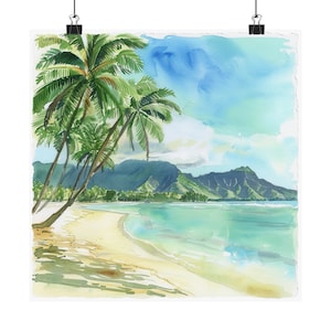 Hawaii Artwork, Kailua Watercolor Painting, Seascape Art, Hawaiian Beach Wall Art, Palm Trees Art Print, Oahu Art, Island Travel Poster Gift