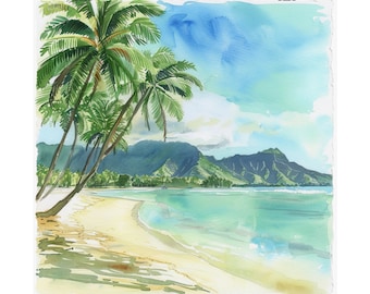 Oeuvre d'art hawaïenne, aquarelle de Kailua, art du paysage marin, art mural plage hawaïenne, impression d'art palmiers, art d'Oahu, cadeau affiche de voyage sur l'île