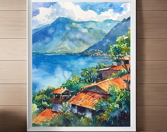 Guatamala Painting Lake Atitlan Art Print, Guatemala Travel Poster, Latin American Art, Scenic Lake Landscape Art, Instant Digital Download