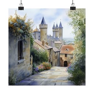 Pintura de Carcassonne, impresión de acuarela de paisaje urbano del sur de Francia, arte de castillos franceses, ciudadela medieval, La Cité, póster de viaje a Europa, regalo