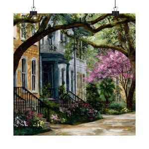 Savannah Georgia Watercolor Print: Mossy Oak Trees, Southern Streetscape