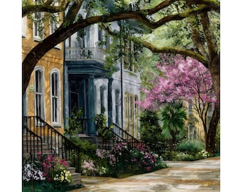 Impresión de acuarela de Savannah, Georgia: Robles cubiertos de musgo, arte urbano sureño