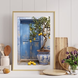 Mediterranean Lemon Tree Wall Art, Rustic Blue Door Mosaic and Lemons Print, Italian Kitchen Art, Europe Wall Art, Blue Yellow Kitchen Decor
