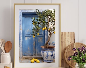 Mediterranean Lemon Tree Wall Art, Rustic Blue Door Mosaic and Lemons Print, Italian Kitchen Art, Blue Yellow Decor