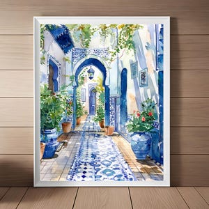 Marokko aquarel print, Marokkaanse blauwe tegel deuropeningen Art Print, Marrakech reiskunst, Europese kunst, mediterrane reiscadeaus download