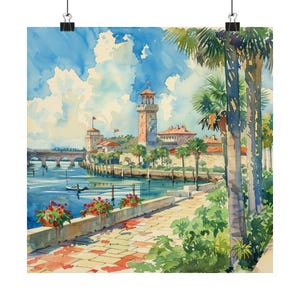 St Augustine Painting, Florida Art, Cityscape Watercolor Print, Oldest City USA, Colonial Spanish Architecture Bridge of Lions Travel Poster