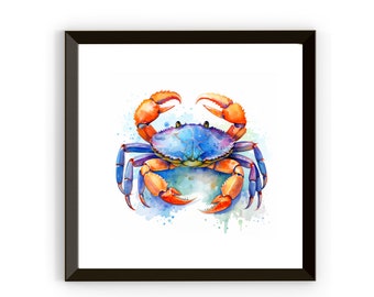 Orange & Blue Crab Watercolor Print, Coastal Wall Art, Marine Life, Realistic, Coastal Water Ocean Photography Coastal Wall Decor, Sea Life